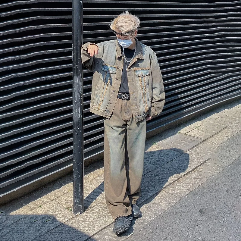 PFNW New Stylish Male Set Die Dye Denim Jacket Straight Wide Leg Jeans Vintage Worn-out Washed Men‘s Two-piece Autumn 28W3952