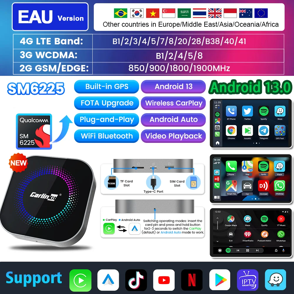 Carlinkit 128G Android 13 Ai Box Draadloze Carplay Android Auto Adapter Qualcomm 6225 8-Core Auto Connect Ondersteuning Youtube Netflix