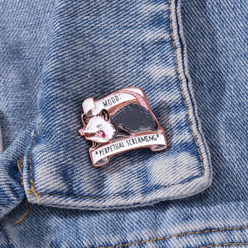 Funny Screaming Opossum Mood Slogan Enamel Lapel Pin Weird Meme Animal Metal Badge Backpack Clothes Decor Quirky Humor LoverGift