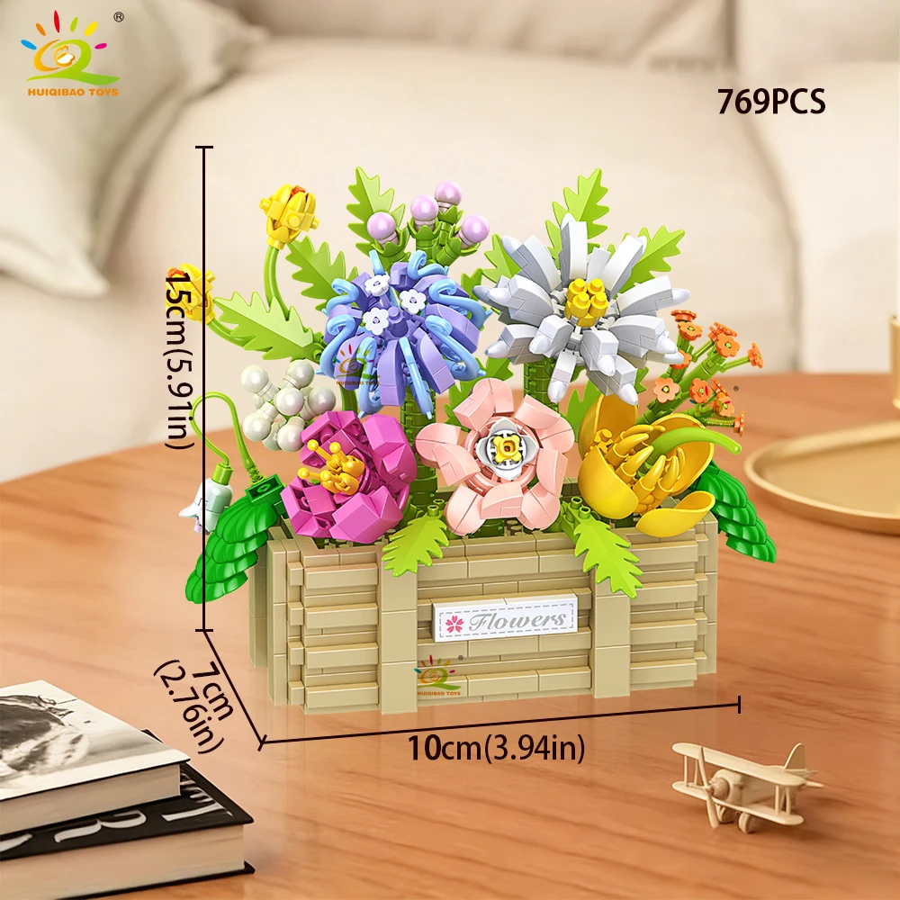 HUIQIBAO MOC Rosen-Sonnenblumen-Blumentopf Mikro-Baustein-Set DIY Blumenstrauß-Korb Mini-Diamant-Bausteine Kinderspielzeug Schreibtisch-Deko – Detail 11