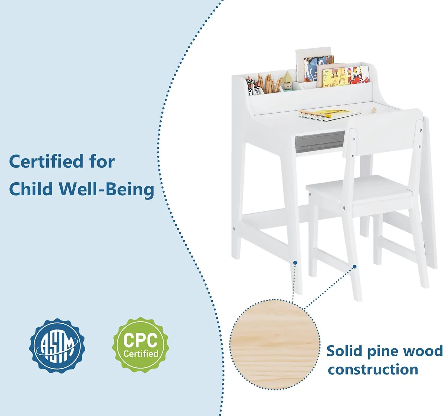 Set Meja dan Kursi Anak dengan Penyimpanan, Meja Belajar Kayu untuk Anak Usia 3-8 Tahun, Desain Ergonomis untuk Kamar Tidur