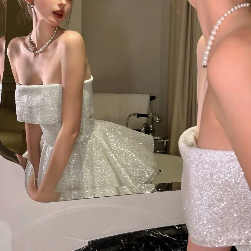 Franse Meisjesachtige Stijl Dunne Flash Tube Top Jurk Lente/Zomer 2025, Dames Lace-up Slanke Pluizige Party Wind Fairy Jurk