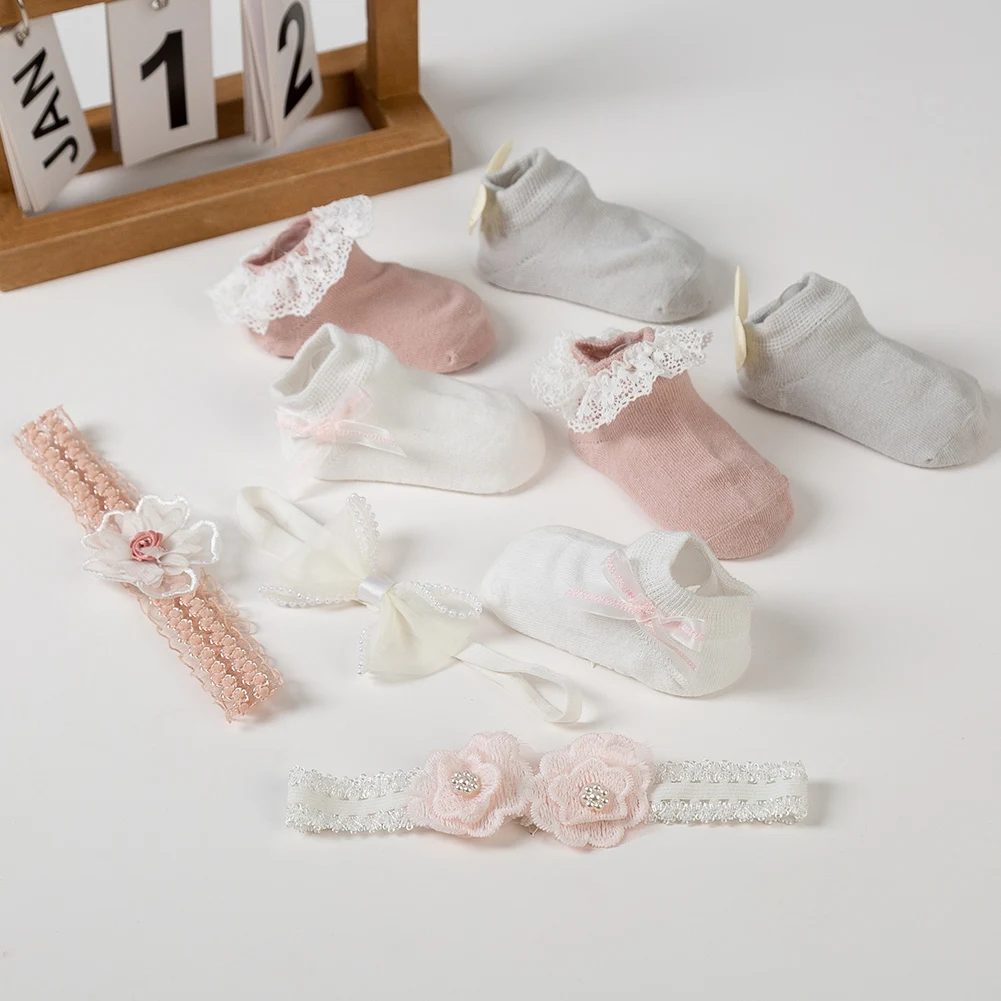 3Pcs/Set Lace Flower Baby Headbands Socks Wing Bow Cotton Non-slip Anklet 0-12M Stockings Wide Elastic Hairbands Infant Socks