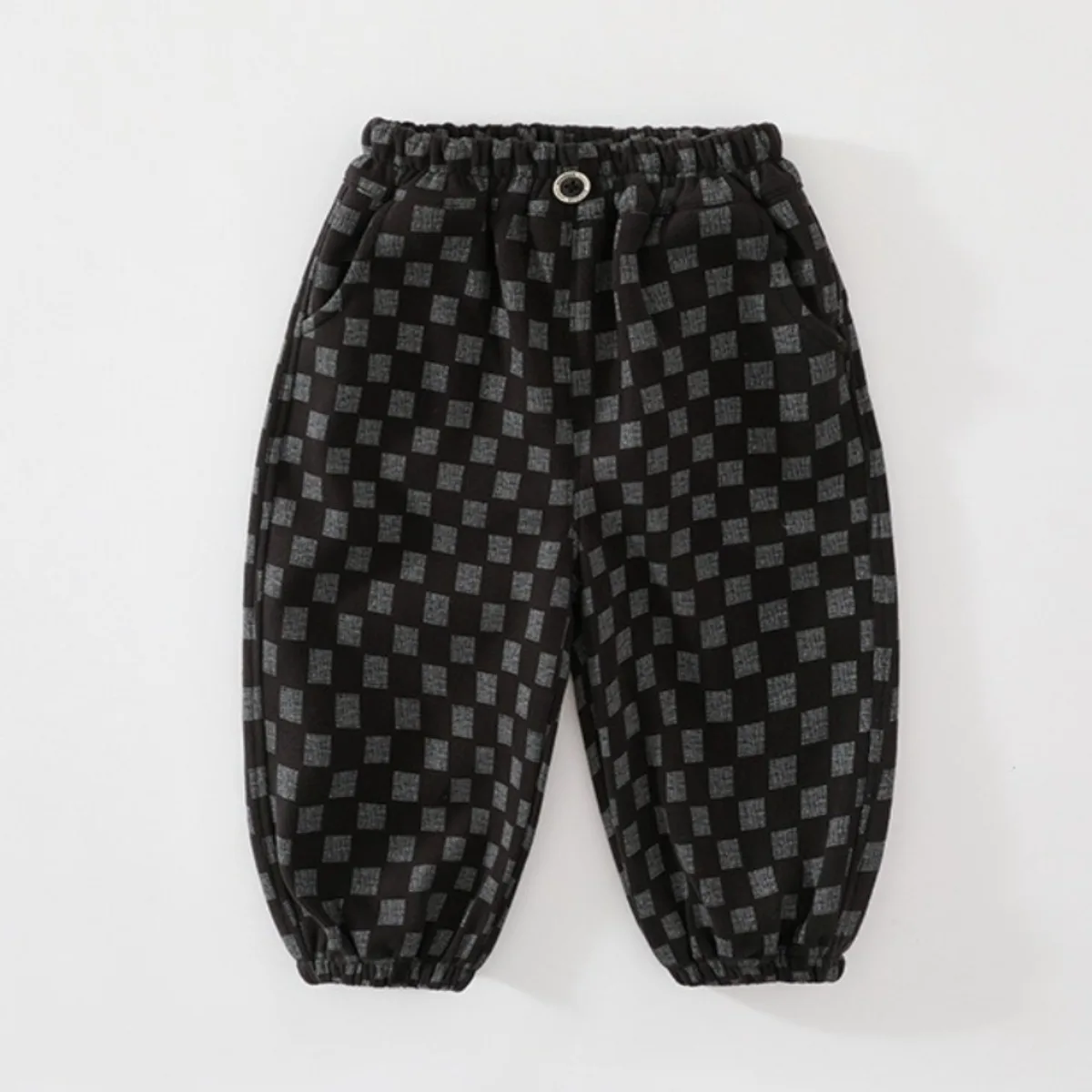 Baby Checkered Pants Toddler Boy Girl Cotton Blend Trousers Spring Autumn Warm Harem Casual Kids Clothes Cute Dog Patch Pocket