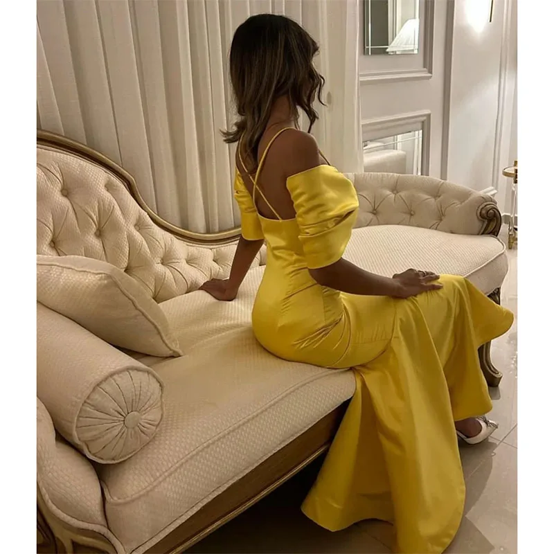 Classy Long Yellow Off Shoulder Evening Dresses Mermaid Spaghetti Straps Pleated Ankle Length Prom Dresses Robe De Soiree