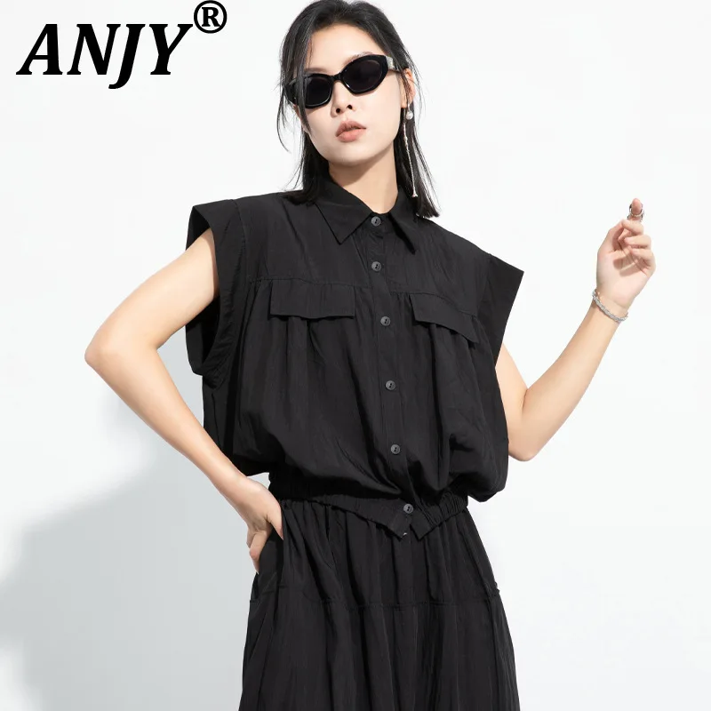 

ANJY Summer New Women Dark Style Design Sleeveless Elastic Waist Shirt Stylish Loose Casual Niche Tide High Street Blouse A21485