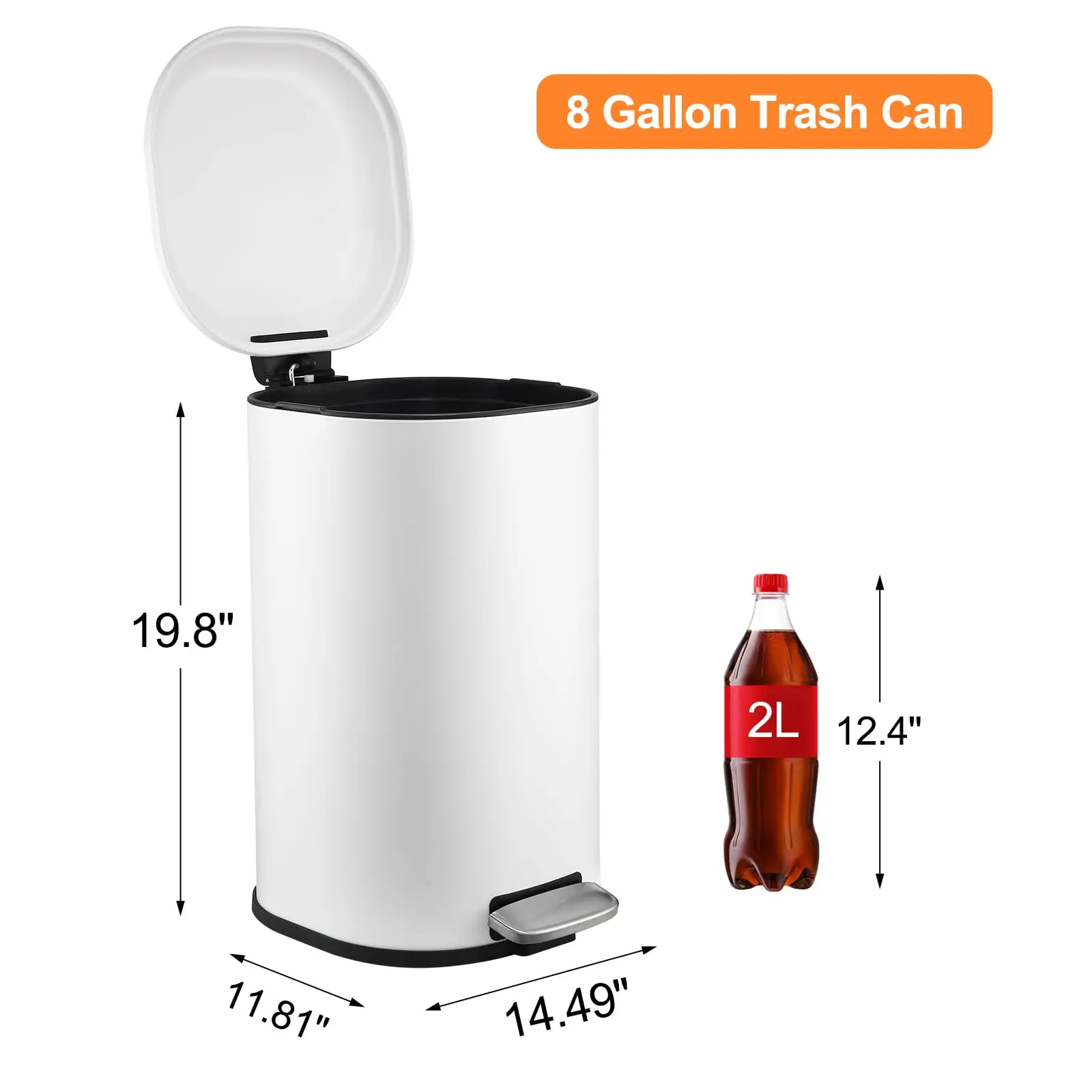 8 Gallon Step Trash Can, Square Fingerprint-Proof Foot Pedal Garbage Can with Soft-Close Lid for Kitchen Bathroom Bedroom Living