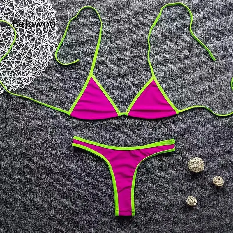 Women's Neon Color Block Contrast Piping Triangle Bikini Set, Sexy String Tie Side Bottoms Two Piece Swimsuit for Summer Beach