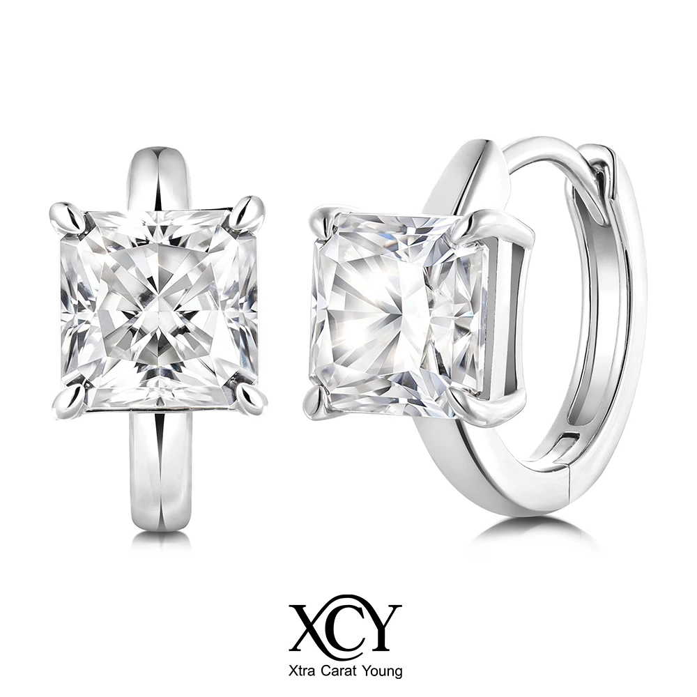 XCY 12MM Sparkling Square Moissanite Hoop Earrings for Women 925 Silver Hypoallergenic Lab Diamond Studs Wedding Party Jewelry