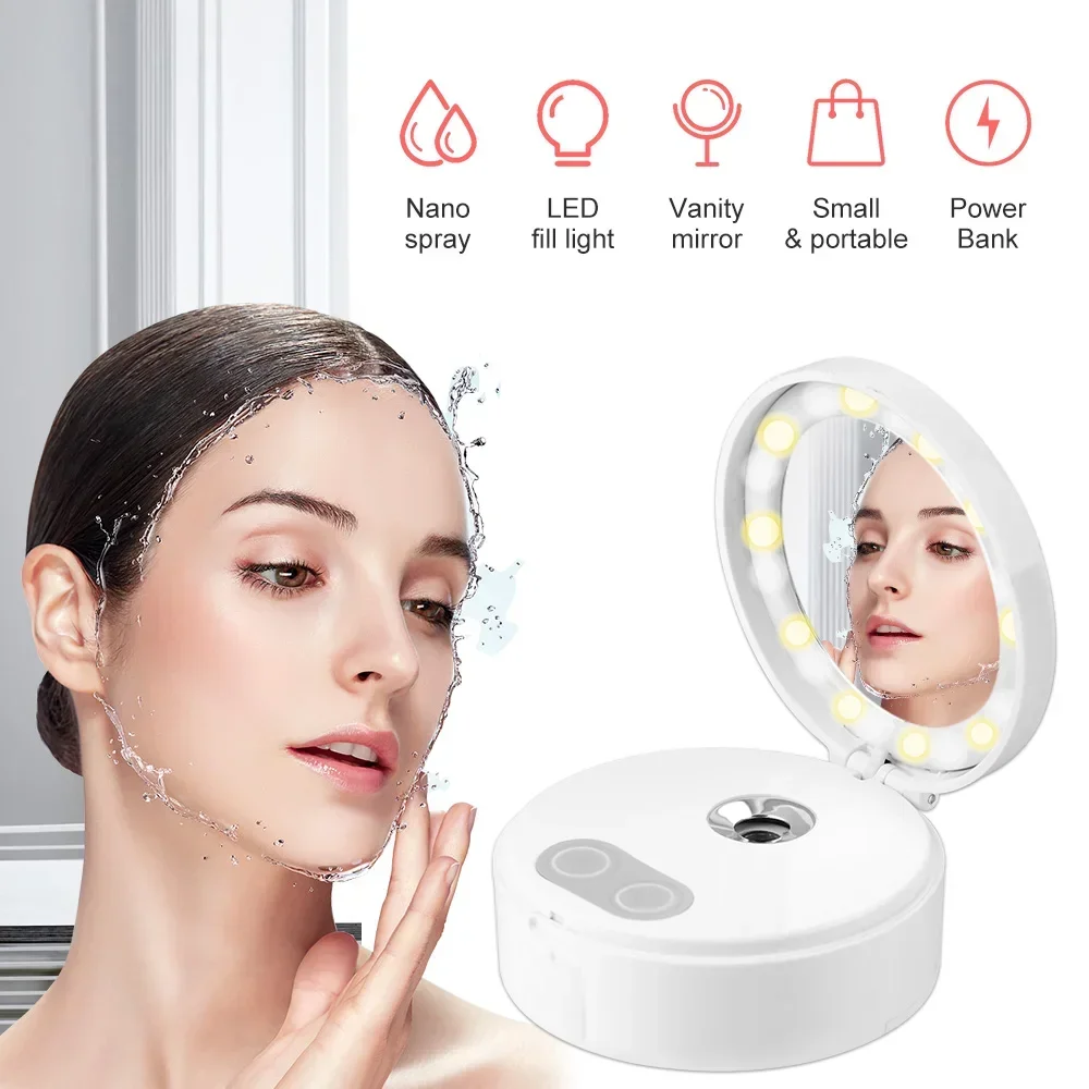 조명이 있는 미러 휴대용 미니 페이셜 스티머 나노 스프레이 전자 증발기 스파 페이셜 베이퍼 파워 뱅크 USB