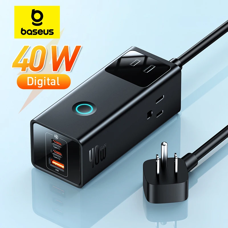 Baseus 40W Fast Charger Digital Power Strip 3AC Surge Protector Desktop Adapter Extension Sockets US Plug  For iPhone 16 15 14