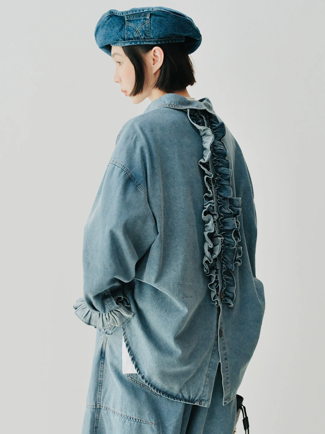 IMAKOKONI original design cardigan denim lace patchwork shirt lapel long sleeved jacket 244746