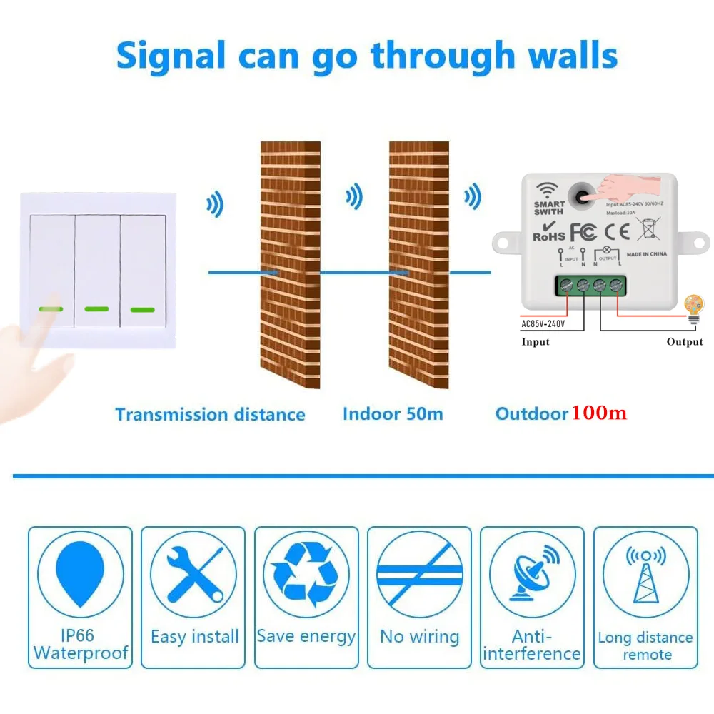 CENFAYA 433HMz Wireless Light Switch 3 Gang 86 Wall Panel RF Switch AC 110V 220V 230V 10A Relay Receiver Controller No Wiring