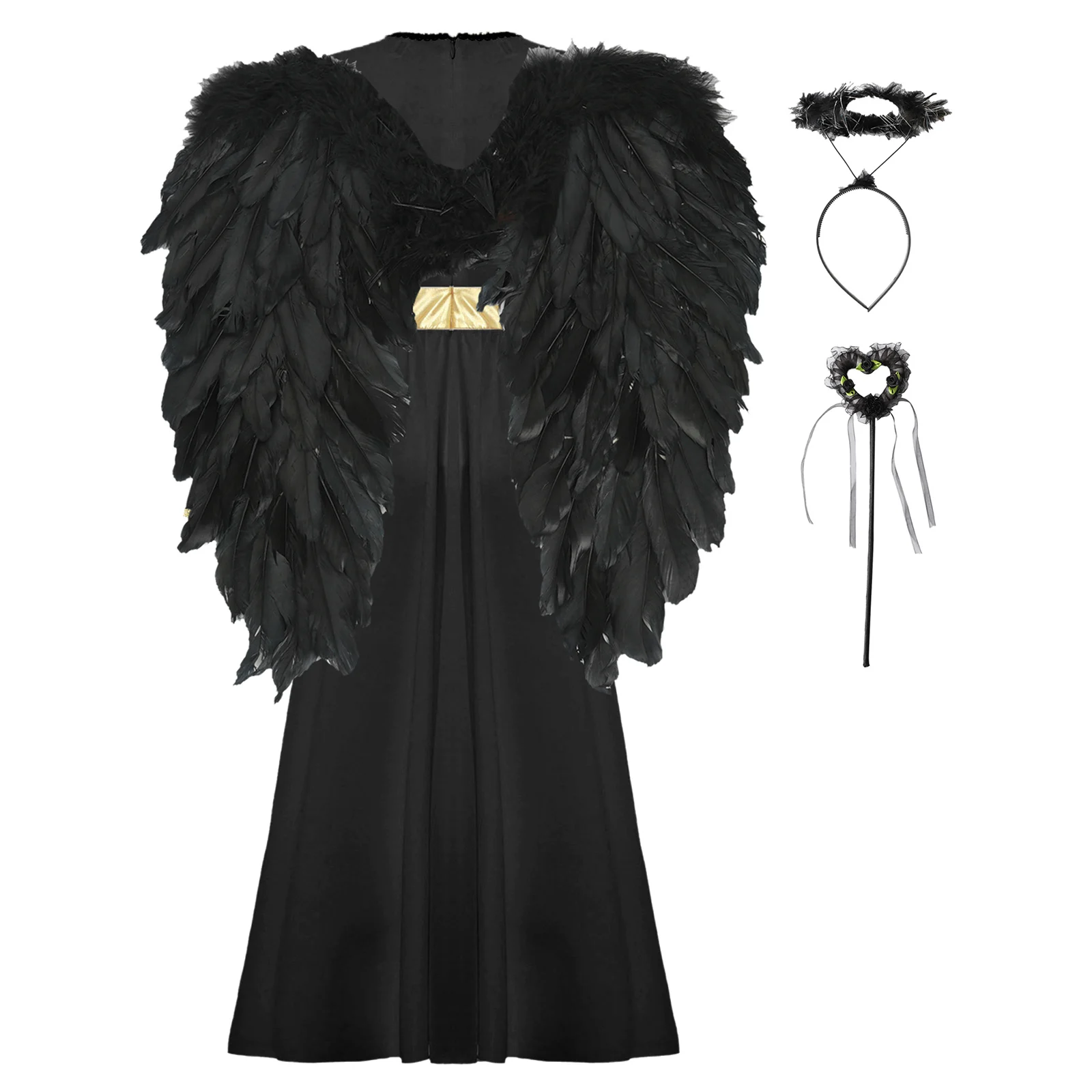 Costume Cosplay Ange pour Bol, Robe d'Halloween avec Ailes de Plumes, Bande de Sauna et Bâtons de Dégradation, Ensemble de Performance, Habillage de Carnaval pour Enfants