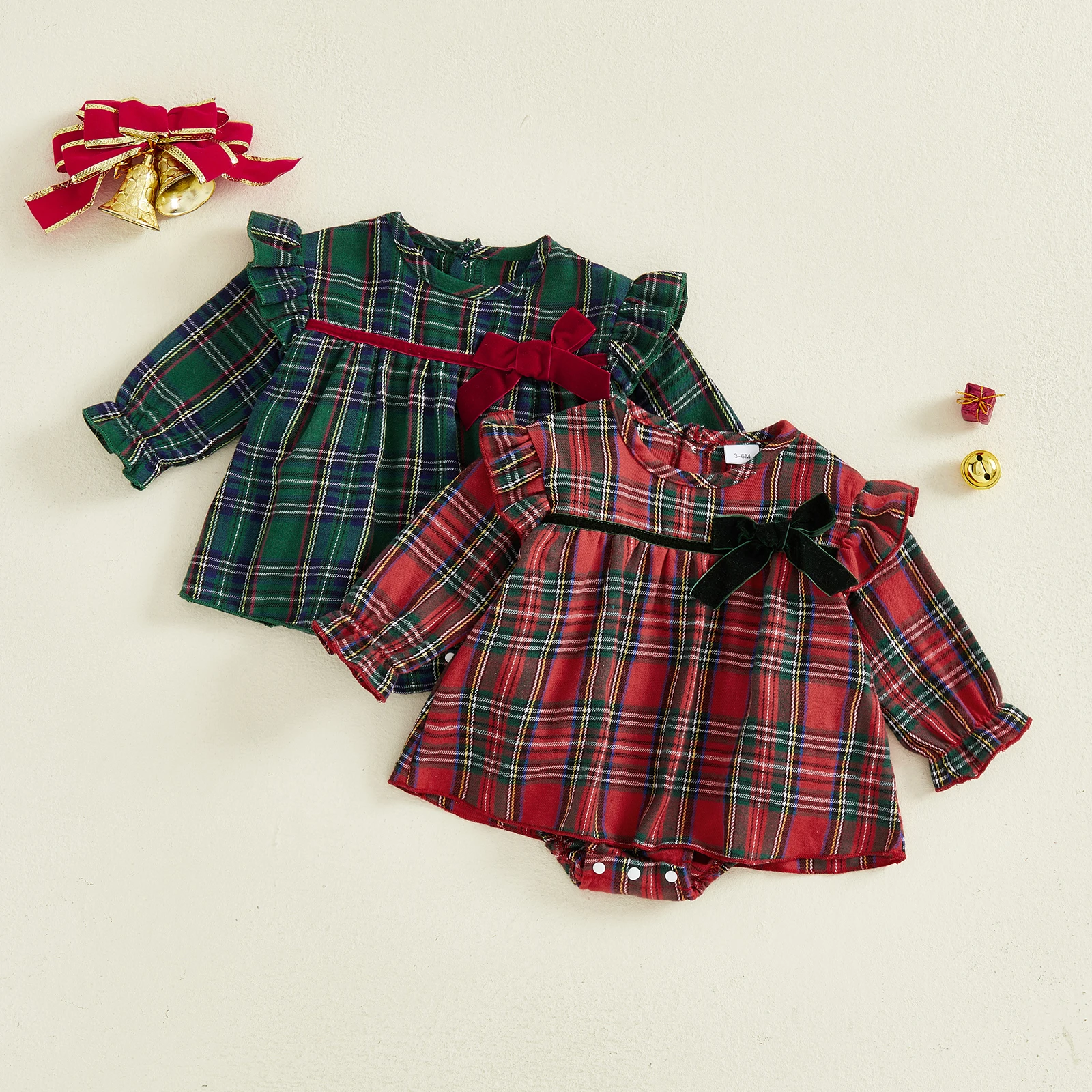 Baby Girl Plaid Romper Dress Stylish Decorative Bow Ruffled Trim Crew Neck Long Sleeve A Line Bodysuits Dress