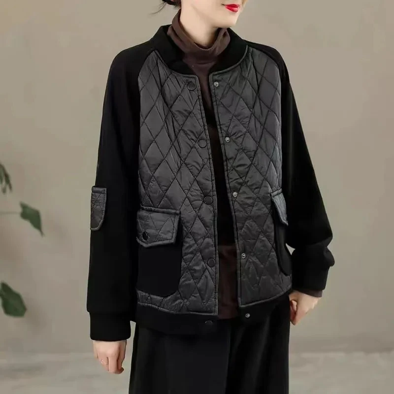 2023 New Autumn Winter Women Retro Parkas Jacket Spliced Korean Baseball uniform Loose Casual Warm Cotton Padded Outwear Female