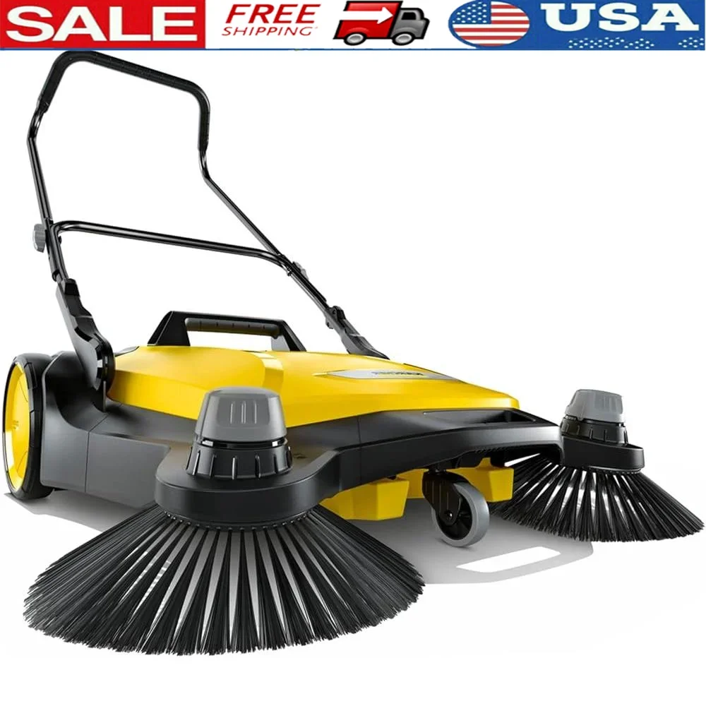 S6 Twin Push Sweeper Human Powered Outdoor Cleaning 10 Gallon Waste Container 33.9in Sweeping Width 32300 Sq Ft Per Hour