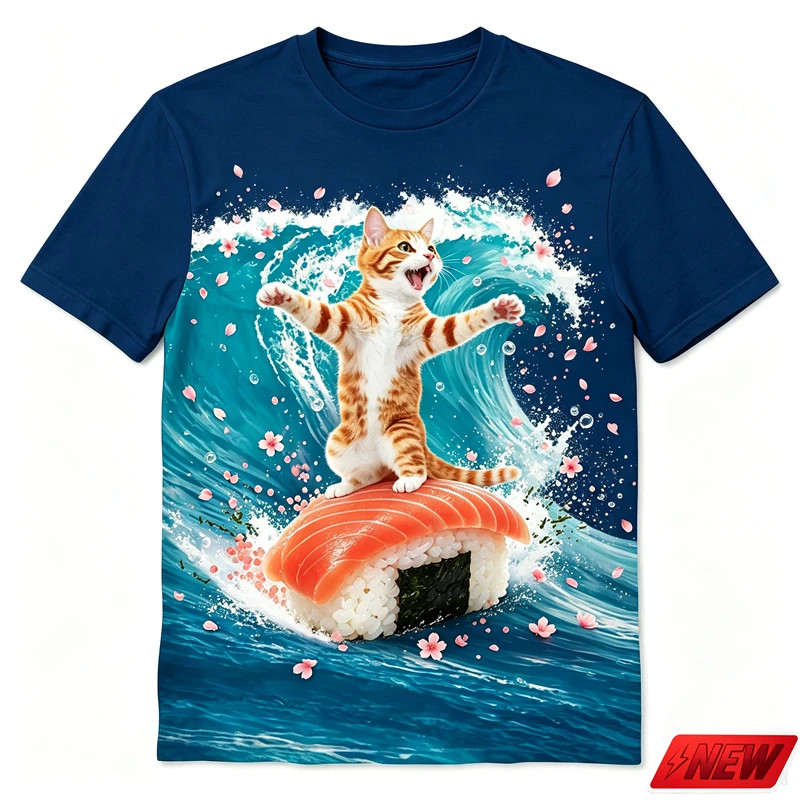 Cute Ginger Cat Surfing Pattern T-shirt Men 3D Printed Watermelon Waves Summer Graphic Street Casual Short Sleeve Unisex Top