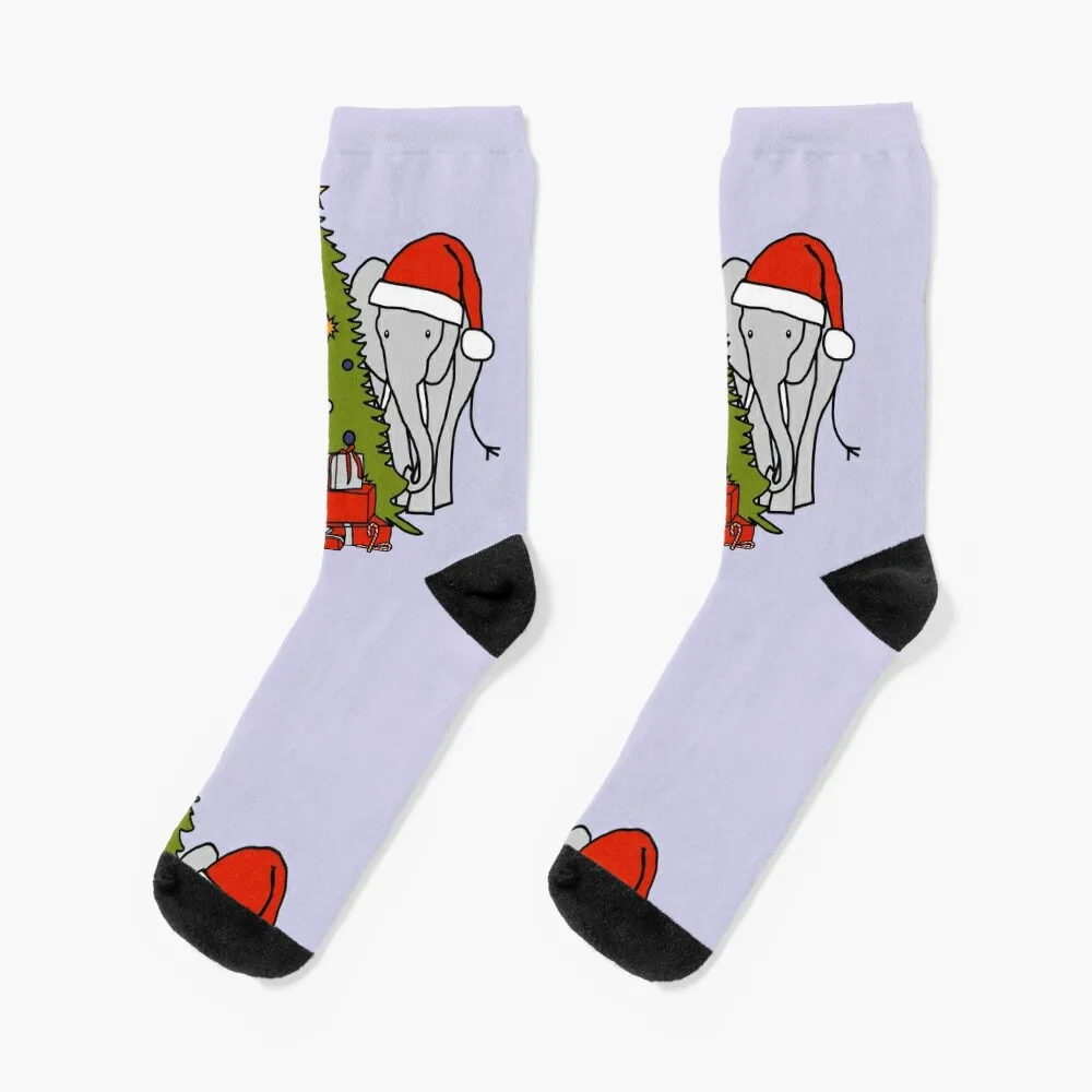 

Elephant in Santa Hat and Christmas Tree Socks cotton sports and leisure professional running anime Socks For Man Women's