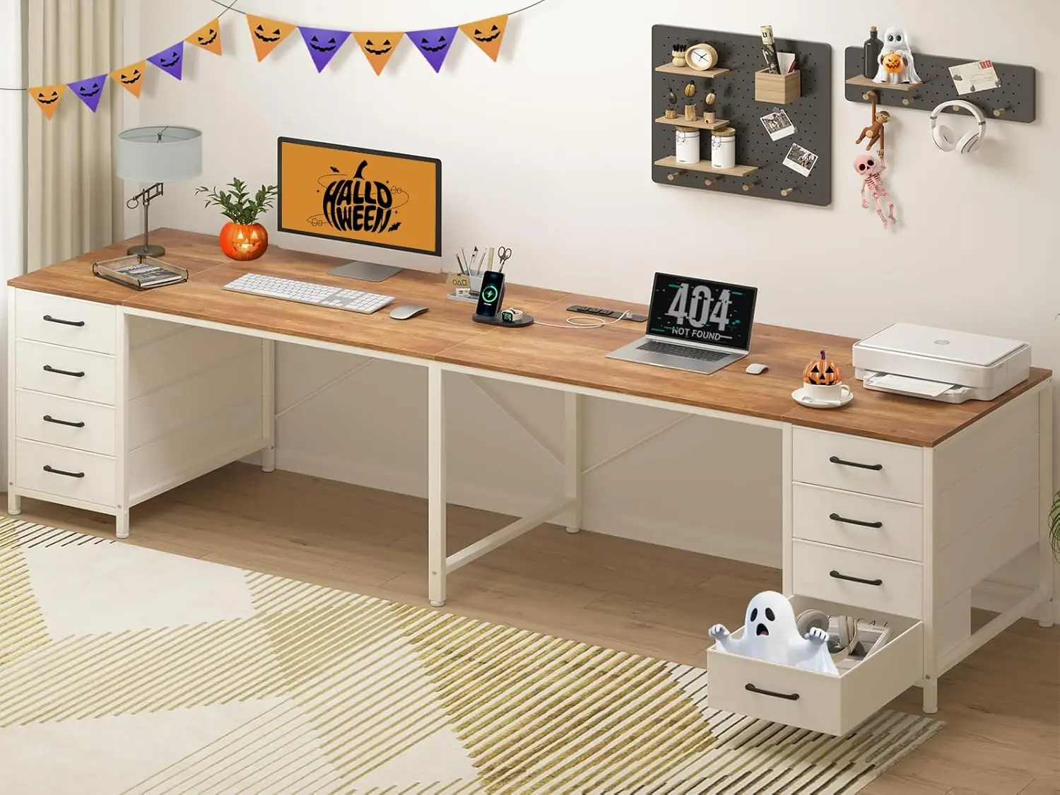 مكتب لشخصين مع 8 أدراج، محطة عمل على شكل حرف I، أبيض عتيق، منافذ USB #1