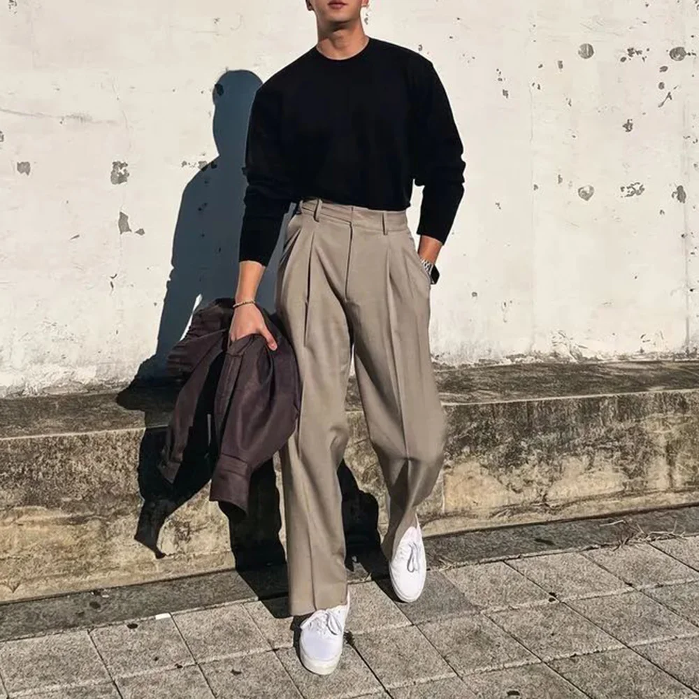 Pantaloni lunghi da uomo pantaloni Casual Streetwear pieghettati autunno versatili pantaloni a gamba larga traspiranti tinta unita abbigliamento uomo 2024