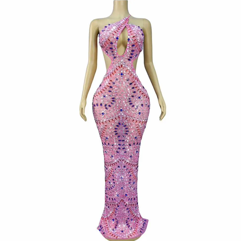 Strass brilhantes malha rosa transparente sem costas vestido longo feminino sexy aniversário celebrar noite vestido de baile sessão de fotos wear