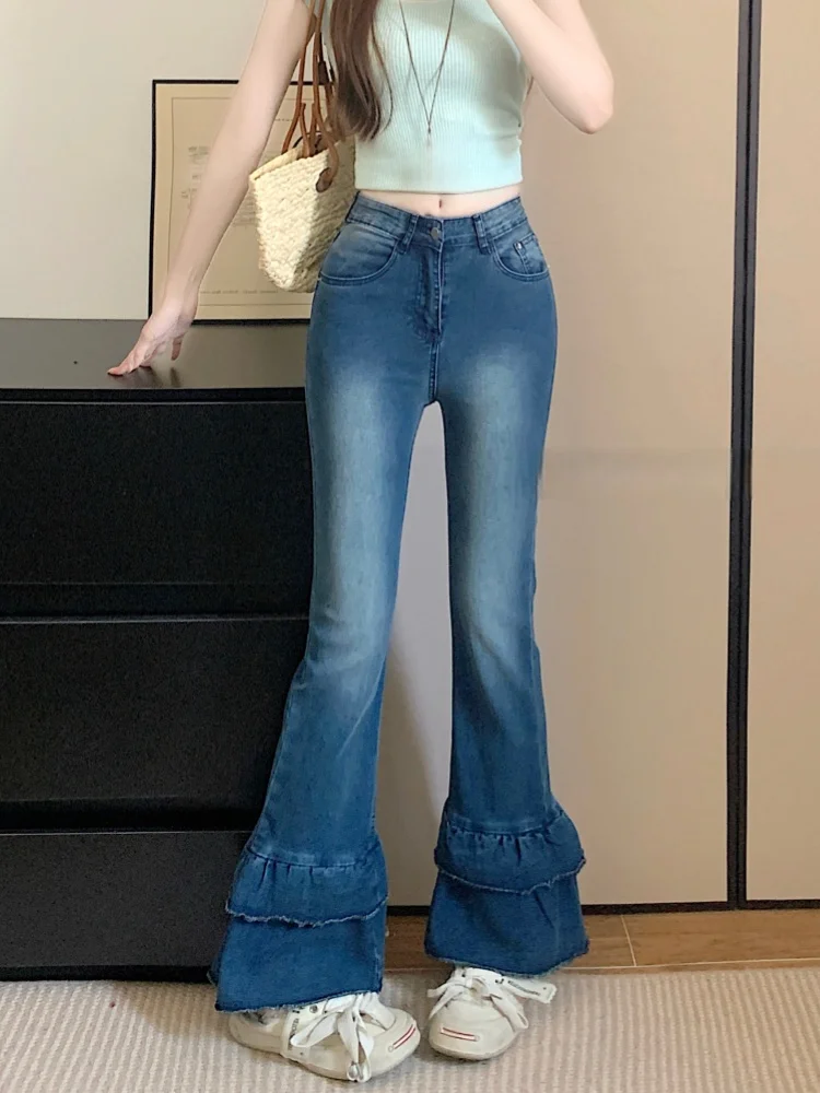 2026 Ropa Y2K Fashion Ruffle Design Slim Women's Capri Flared Jeans Pants For Woman Clothing Washed Blue Casual Denim Trousers