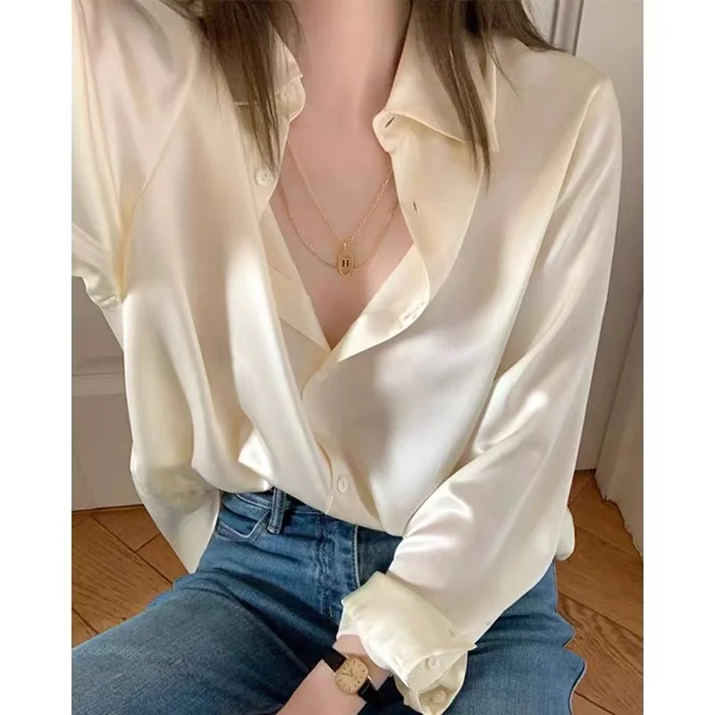 Women Spring Korean Simplicity Loose Solid Color Polo-Neck Long Sleeve Shirts Women Clothes Casual All-match Office Lady Tops