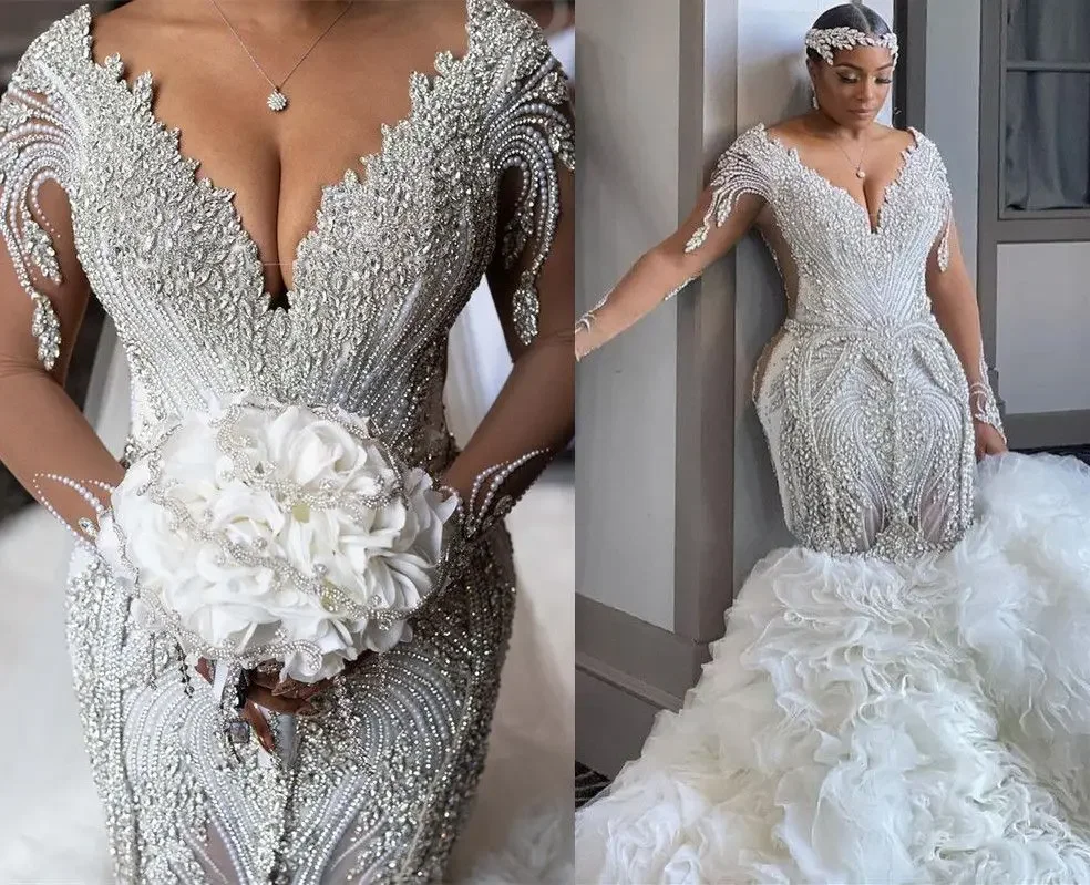 

Customized Plus Size Arabic Aso Ebi Luxurious Mermaid Sexy Wedding Dress Beaded Crystals Pearls Backless Long Sleeves Detachable