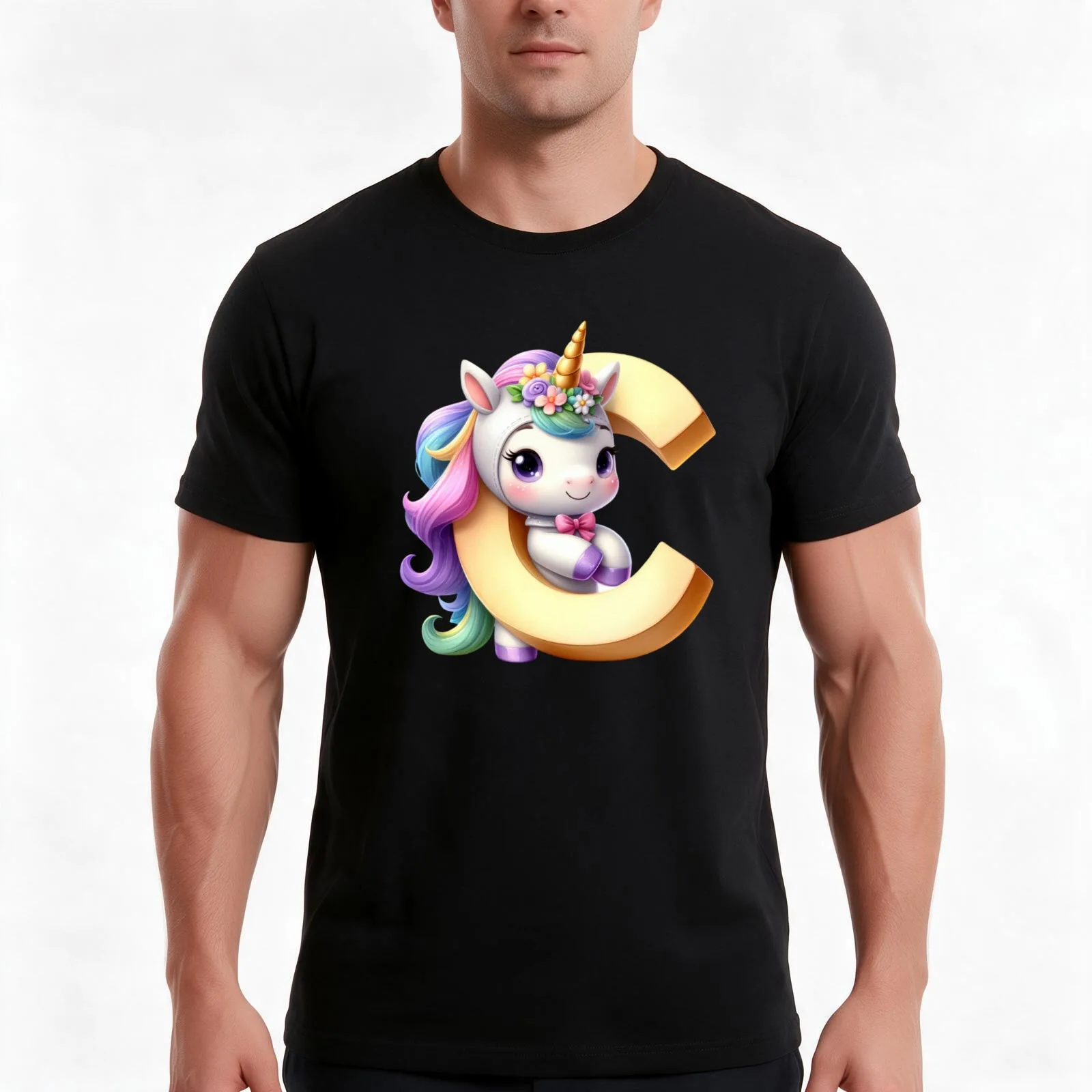 Unicorn kawaii alphabet monogram letter C T-Shirt, Summer Casual Cotton Tee, Oversized Streetwear Tops, Vintage Graphic Print