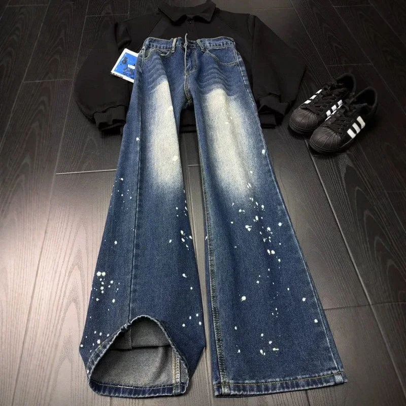 Black Jeans Washed Flare Jeans for Men Straight Leg Denim Pants Man Baggy Jeans Ink-splash Pattern Streetwear Hip Hop Pants