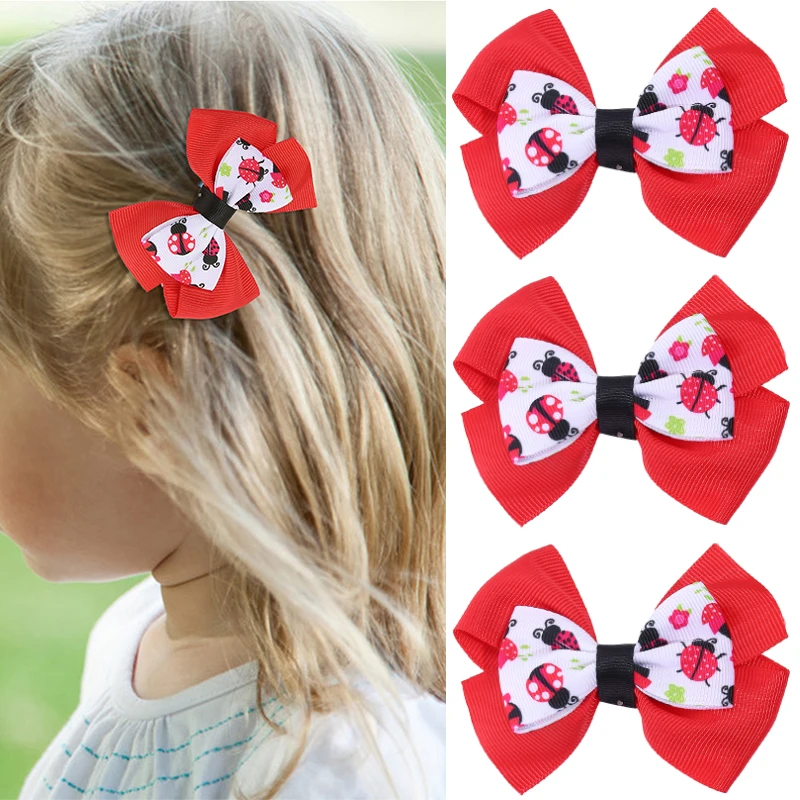 Oaolee 2Pcs Ladybug Print Hair Bow Clip for Kids Girl Cute Grosgrain Ribbon Bowknote Hairpin Barrettes Headwear Hair Accessories