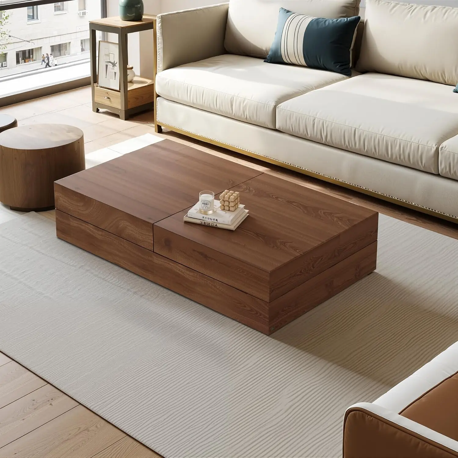 

Mid-Century Modern Farmhouse 47.2-81.8" Expandable Coffee Table，Adjustable Center Table with Large Storage, Customized