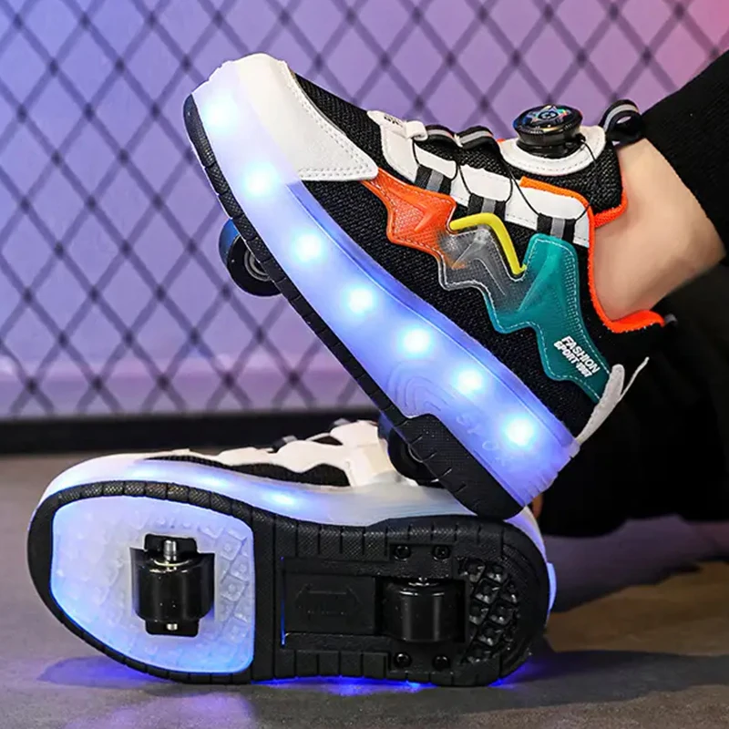 Boys' sneakers rotating button light roller skating pulleys shoes elementary children's shoes Kids walking LED light shoes Girls