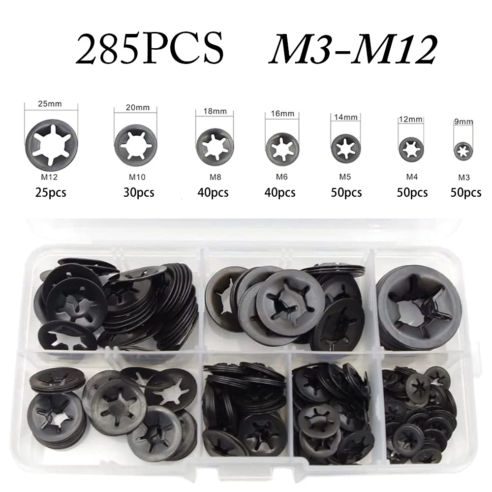 

285pcs M3 M4 M5 M6 M8 M10 M12 Bearing Clamp Washer Quick Lock Fastener Kit Star Internal Tooth Washers Assortment Kit
