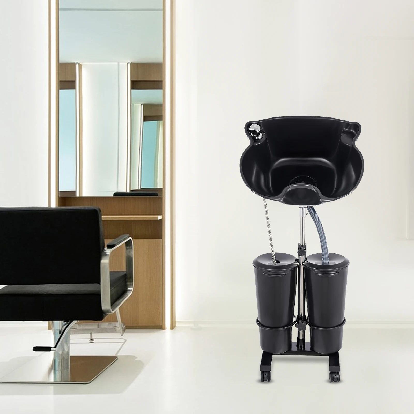 Professional Dual Buckle Salon Shampoo Bowl with Adjustable Height & Angle, Non-Bending Wash Basin on Wheels for Hair Stylists