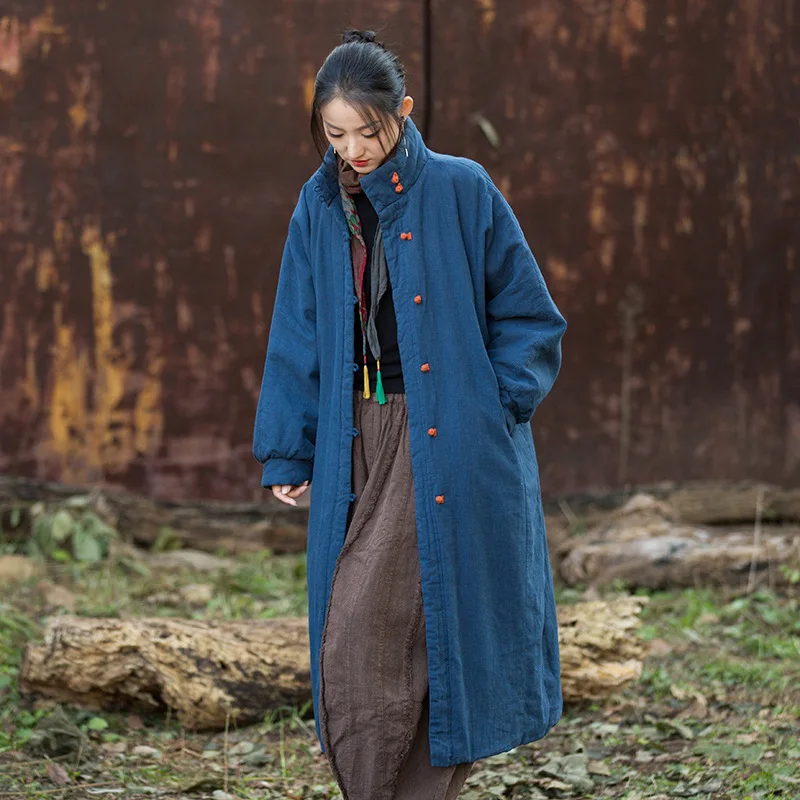 

Cotton-Linen Women's Loose-Fit Vintage-Style Sandwashed Button-Front Long Coat Quilted Cotton-Lined Warm Winter Coat