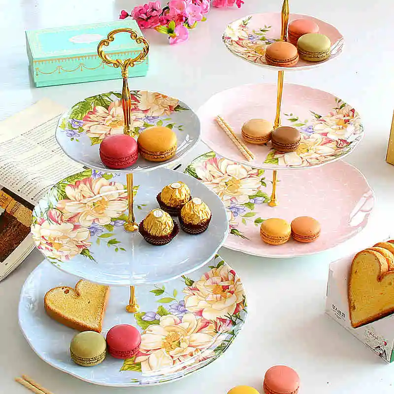 6+8+10inch, Fine Bone China Floral Cake Plate Stand, Beauty Party Buffet Serving Set. Bbq Trays Decorative, Dessert