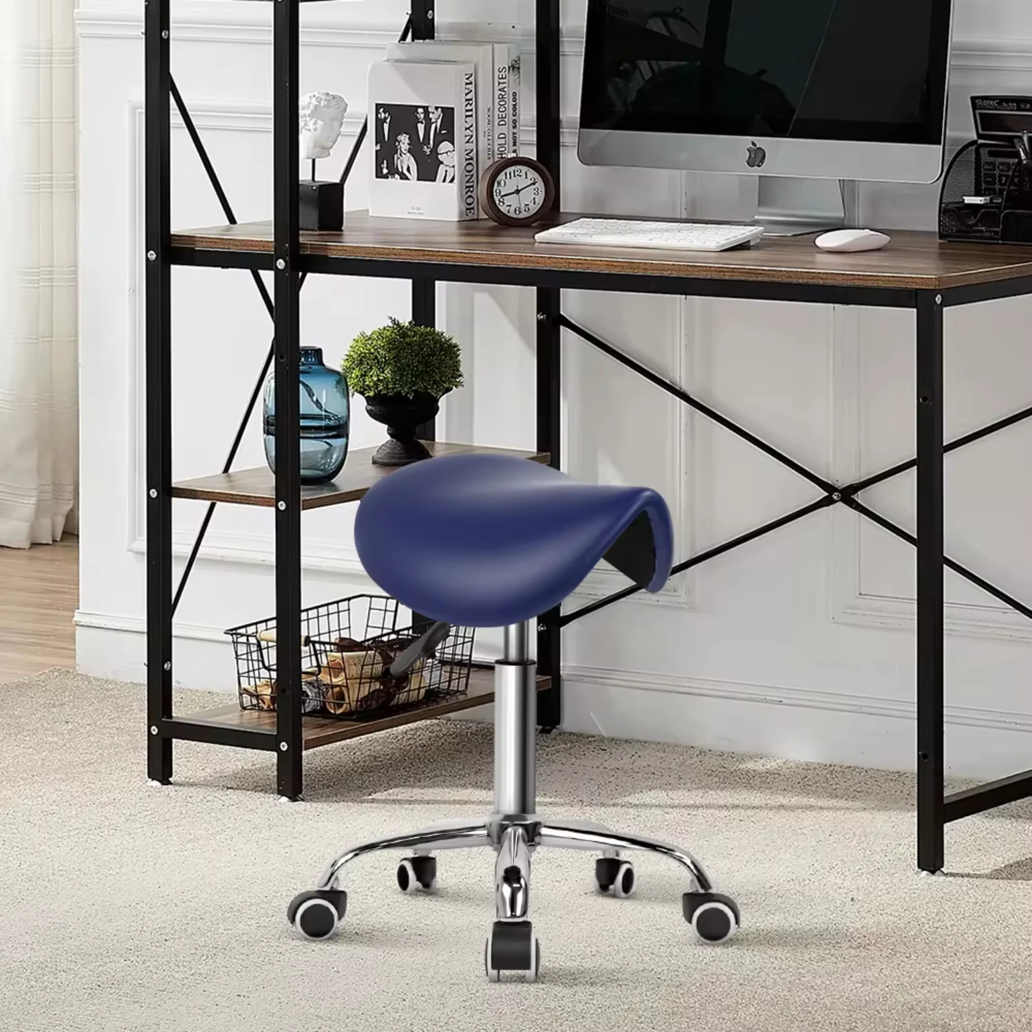 Taburete rodante de cuero PU, silla giratoria ajustable con ruedas para salón, azul