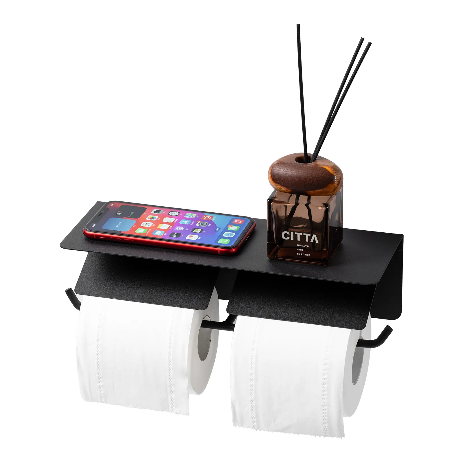 

Double Compartment Tissue Holder with Phone Shelf, Bathroom Storage Organizer for Toilet Paper Napkins Hand Towels