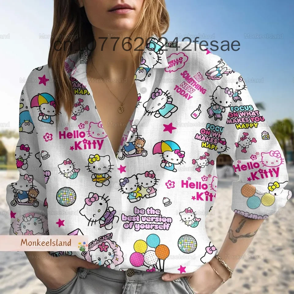 Summer Women's Long Sleeve Shirt Disney Women's Shirt Hello Kitty Vintage Women Casual Shirt