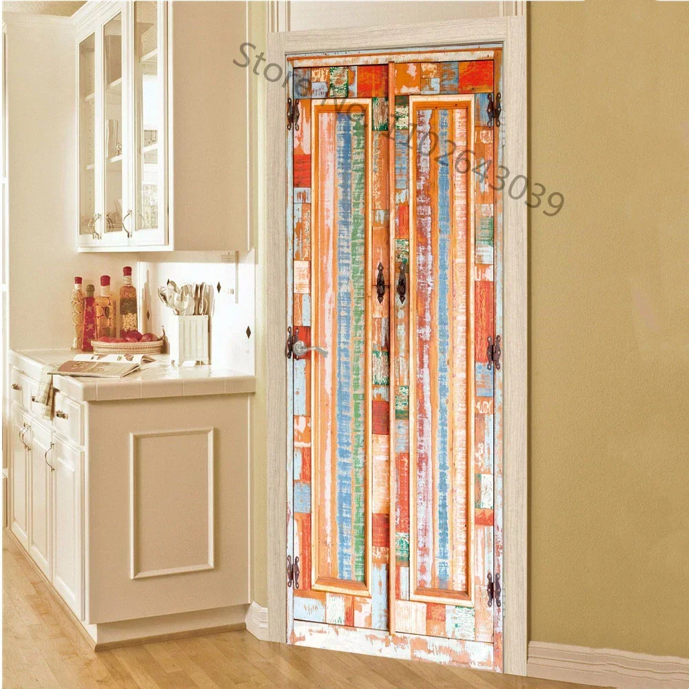 

Retro Door Stickers Imitation Wood Doors Wallpaper 3D Self-Adhesive Vinyl Wall Sticker Living Room Corridor Decor Decal For Home