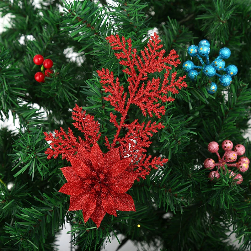 

Glitter Christmas Flowers Pine Branches and Leaves Christmas Tree Decorations for Home Fake Flower Xmas Ornaments New Year Decor