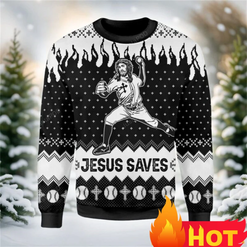 Funny Men Sweater 3D Jesus Printed Christmas Party Sweatshirt Christmas Sweater Men Casual Crew Neck Long Sleeve Pullover Top