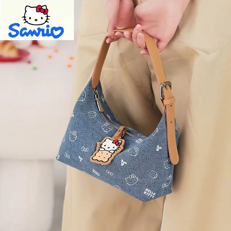 

Sanrio Fashion High Quality Denim Underarm Shoulder Bag for Women Cute Cartoon Hello Kitty Multi functional Storage Handbag