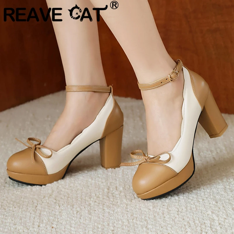 REAVE CAT Mary Janes Women Pumps Round Toe Block Heels 8cm Platform Bowknot Buckle Strap Mixed Color Big Size 44 45 Sweet Shoes