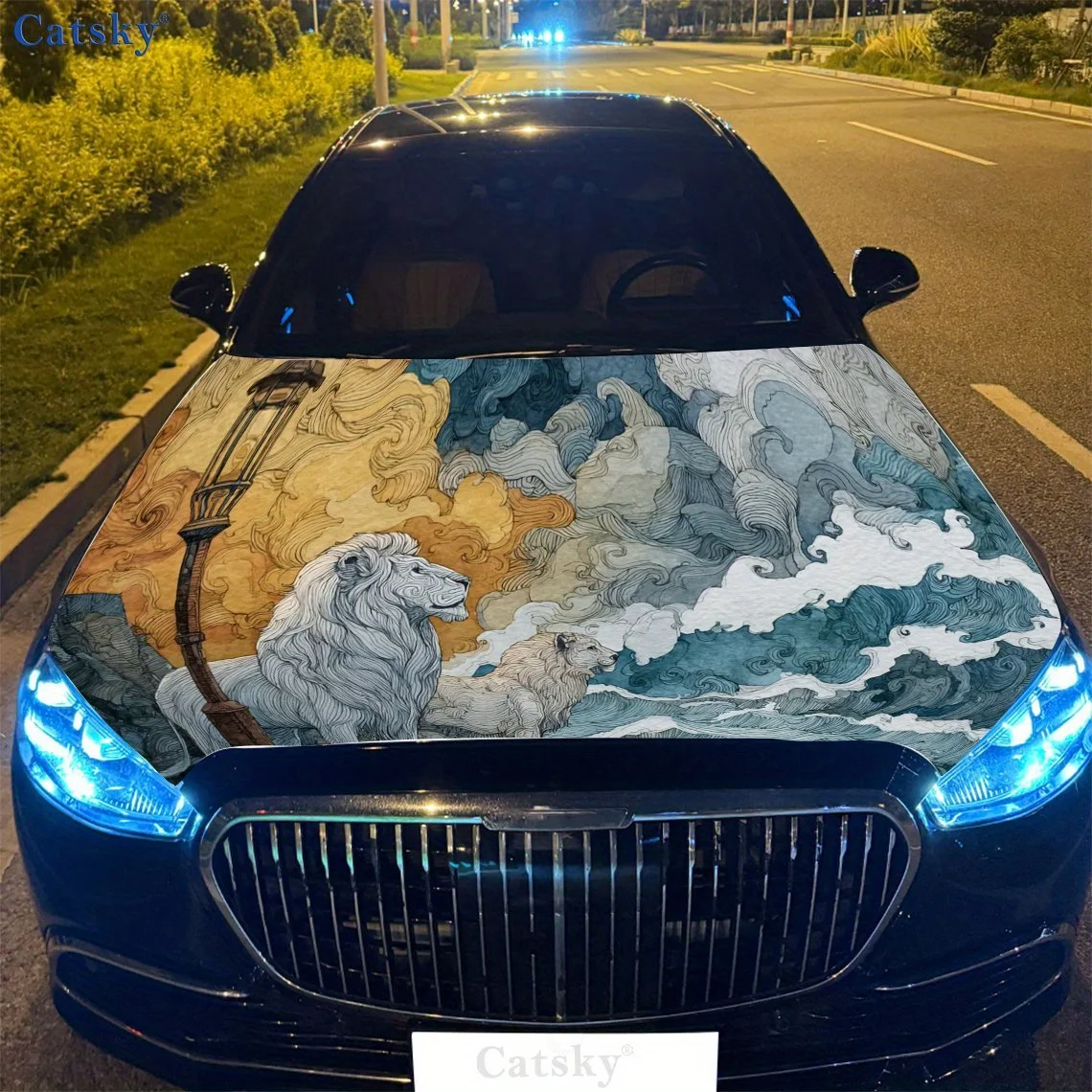 

Sea Wave and Lion Car Engine Hood Sticker, Auto Vinyl Wraps, Waterproof Self-adhesive Vehicle Decal, Durable & Anti-scratch Auto