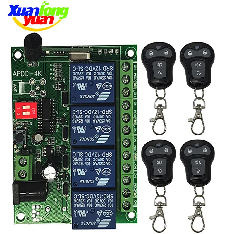 

433.92Mhz DC 12V 24V 10A 4CH Relay Module Receiver EV1527 Wireless Remote Control Switch 433Mhz for DC Motor DIY