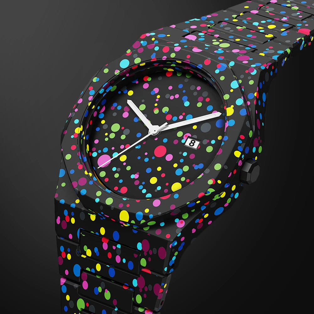 창의적인 디자인 폴리 도트 시계 남성 패션 스포츠 쿼츠 시계 컬러 페인트 시계 폴리카보네이트 방수 여성용