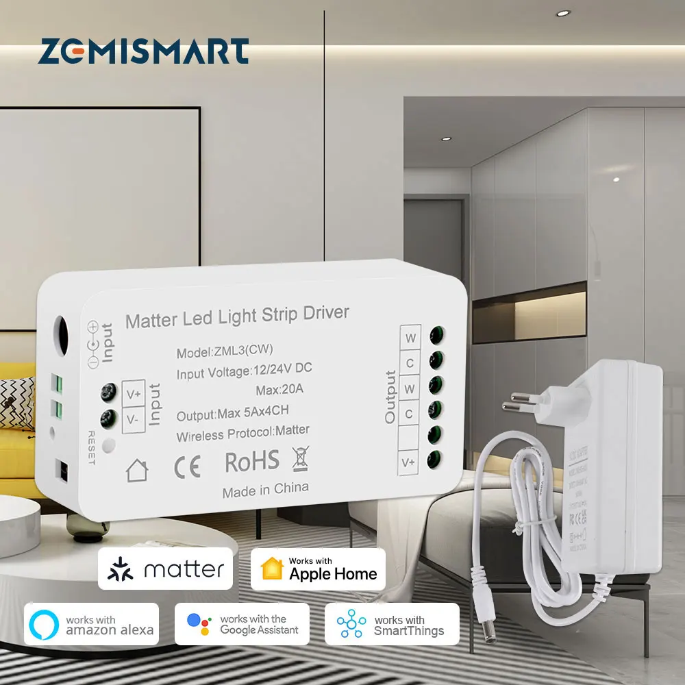 Matter Over WiFi LED Light Strip Driver CCT 2700K-6500K Smart Led Controller Works with Homekit Smartthings Alexa Google Home